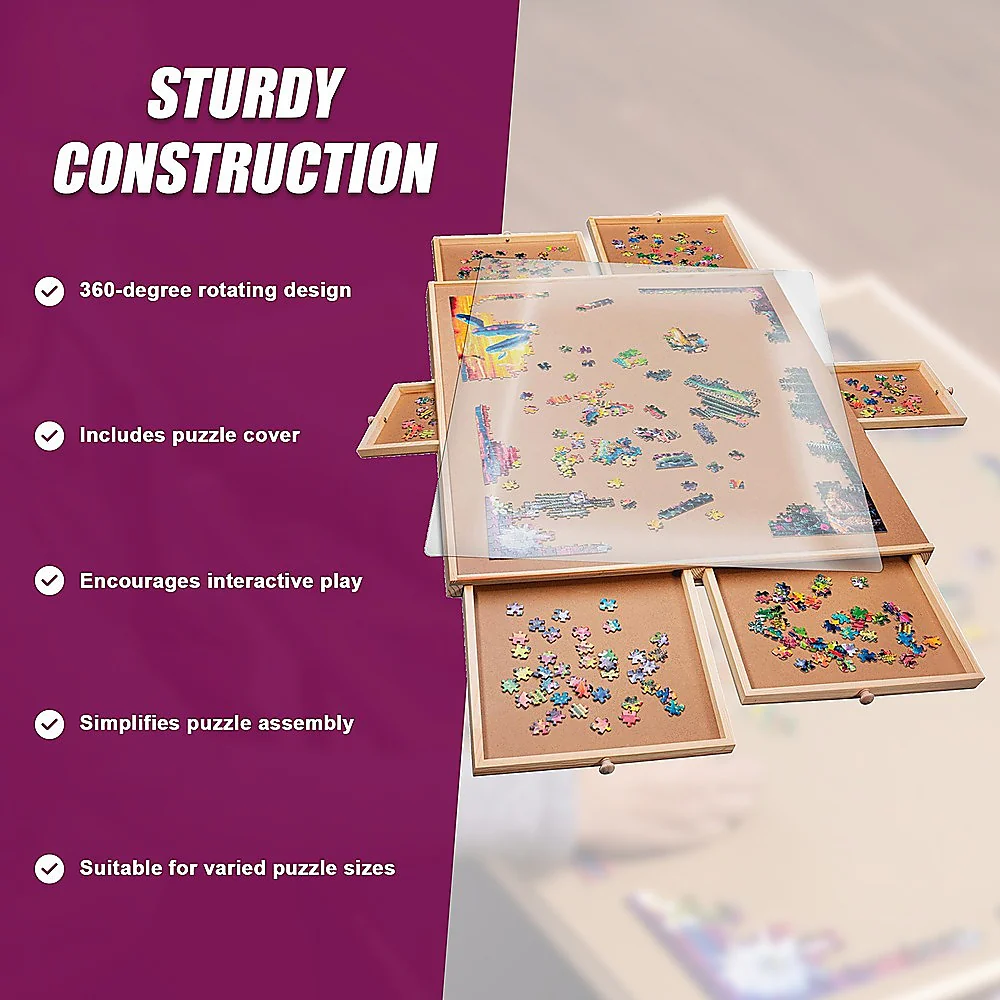 1500 Piece Rotating Wooden Jigsaw Puzzle Table 6 Drawers Board - Image 11