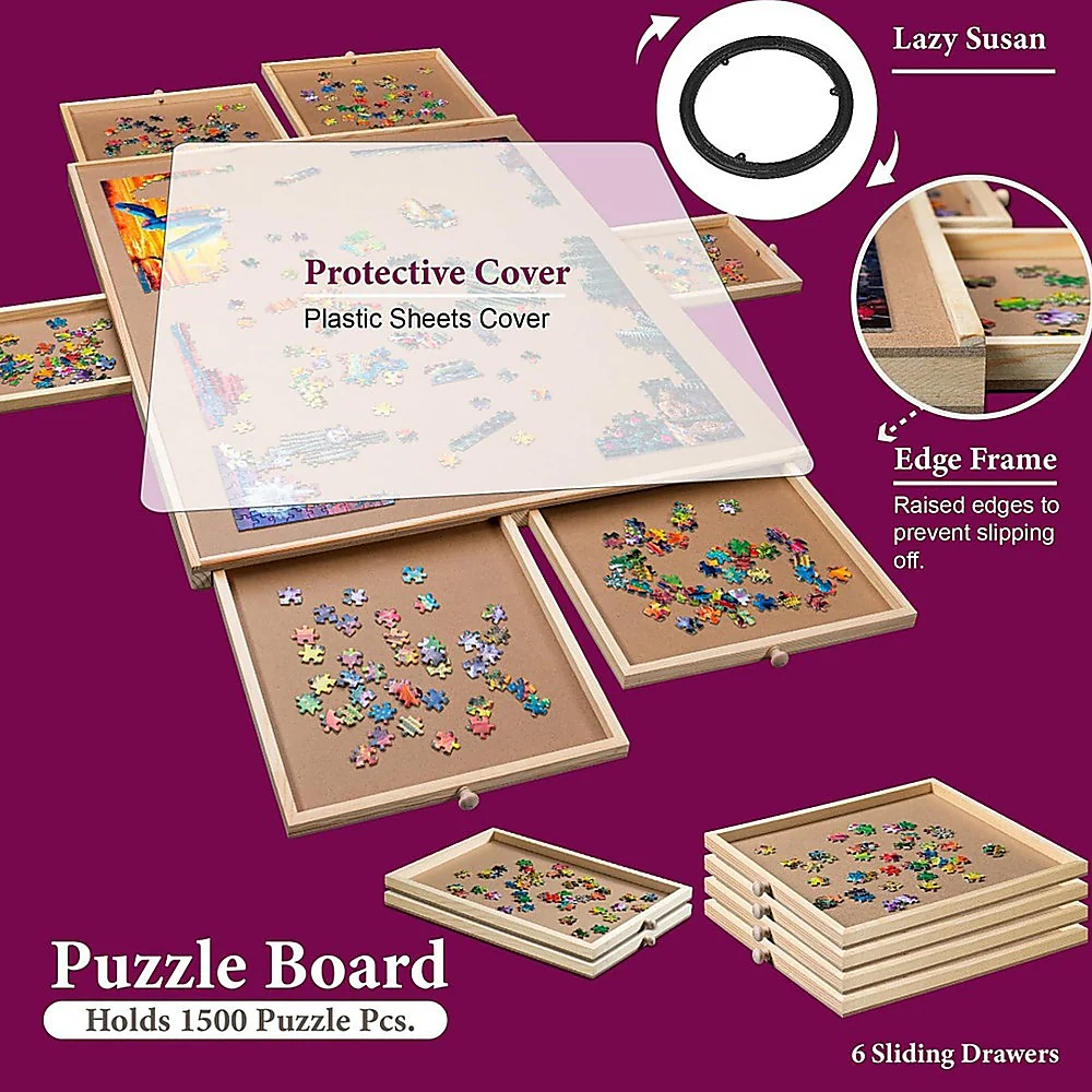 1500 Piece Rotating Wooden Jigsaw Puzzle Table 6 Drawers Board - Image 8