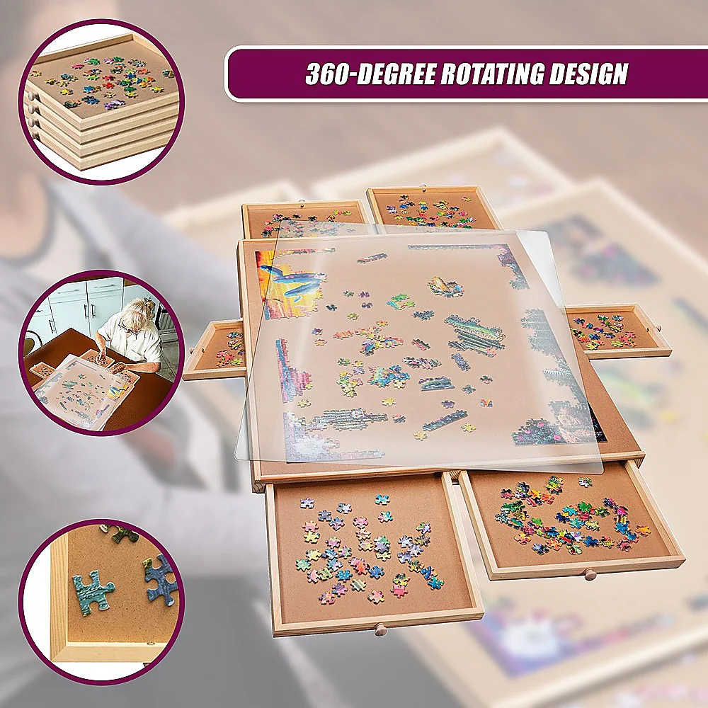 1500 Piece Rotating Wooden Jigsaw Puzzle Table 6 Drawers Board - Image 9