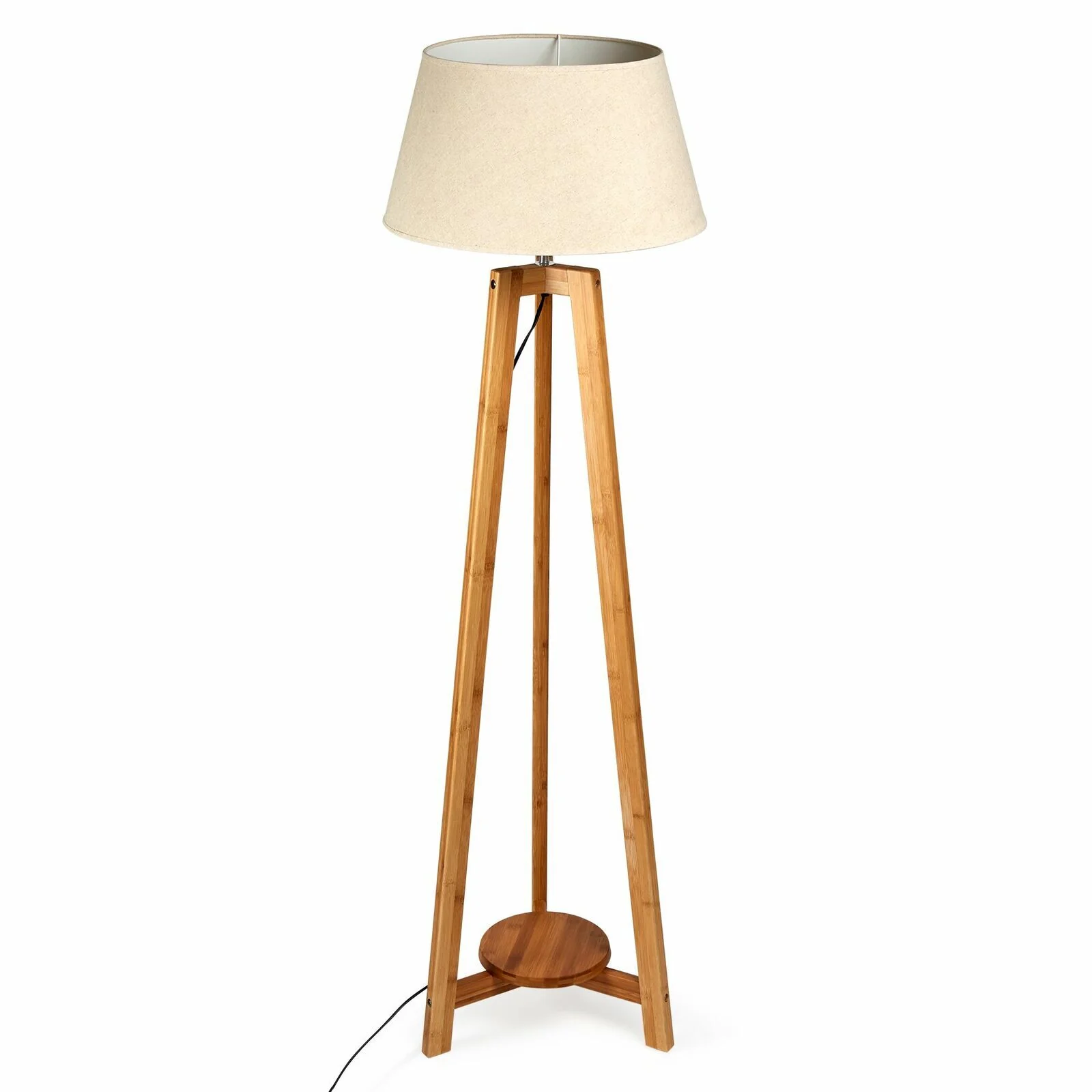 155cm Large Bamboo Wooden Tripod Floor Lamp w Beige Linen Light Shade - Image 6