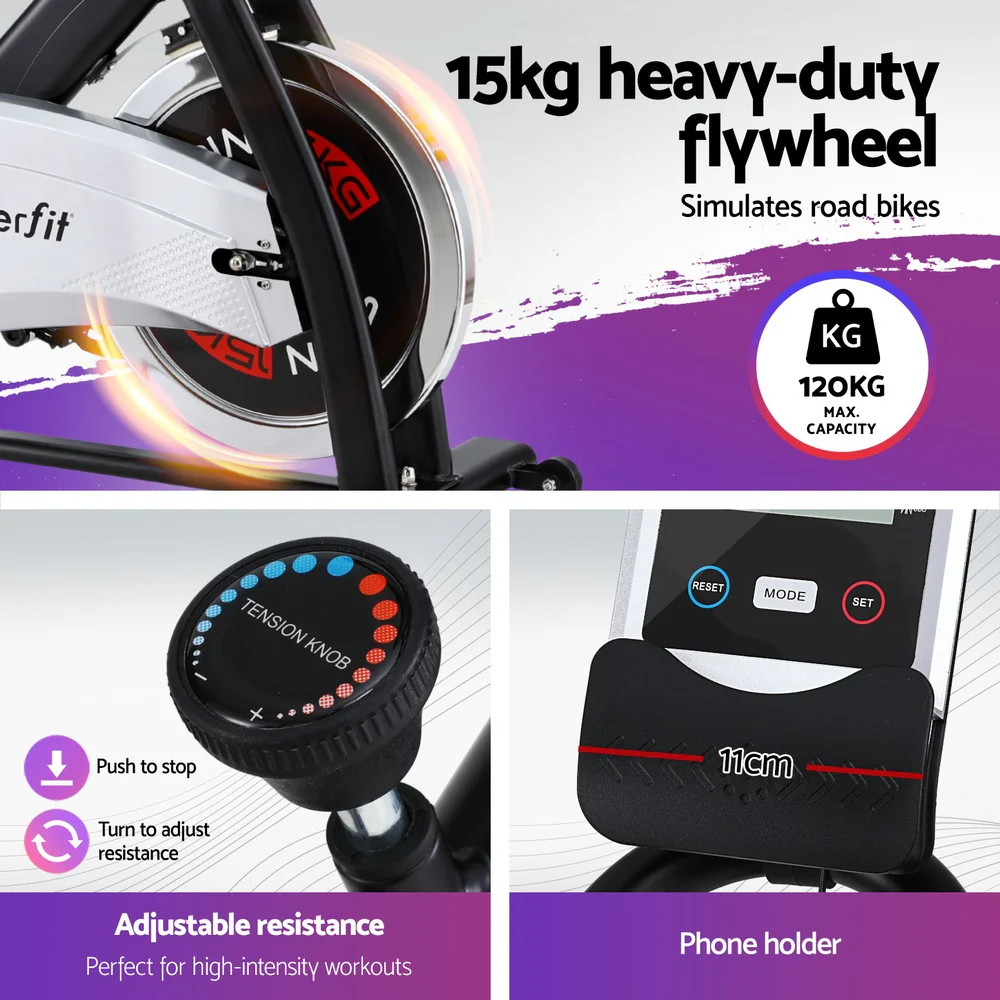 15kg Flywheel Spin Bike Everfit Exercise Bike Home Gym Fitness 120KG Capacity - Image 6