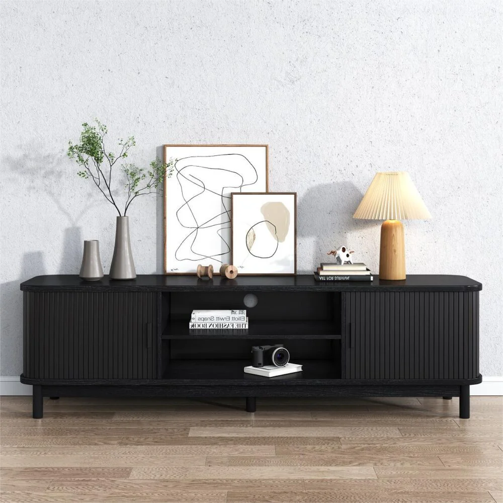 160cm Ribbed Black Entertainment Unit - Image 2