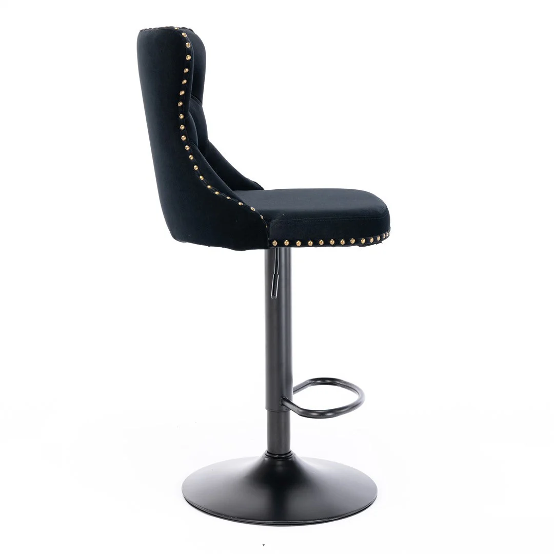 2x Height Adjustable Swivel Bar Stool Velvet Nailhead Barstool with Footrest - Image 13