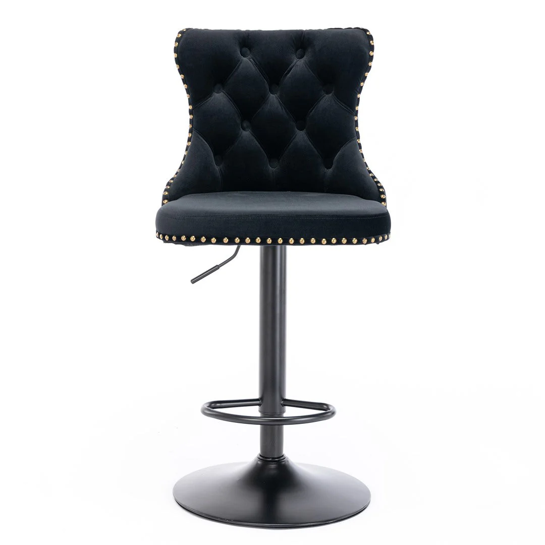 2x Height Adjustable Swivel Bar Stool Velvet Nailhead Barstool with Footrest - Image 2