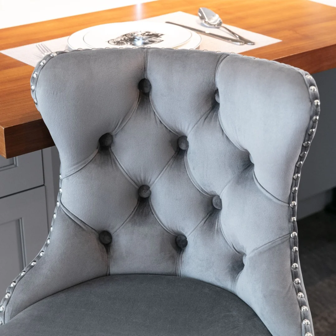 2x Height Adjustable Swivel Bar Stool Velvet Stud Barstool with Footrest and Chromed Base- Gray - Image 10