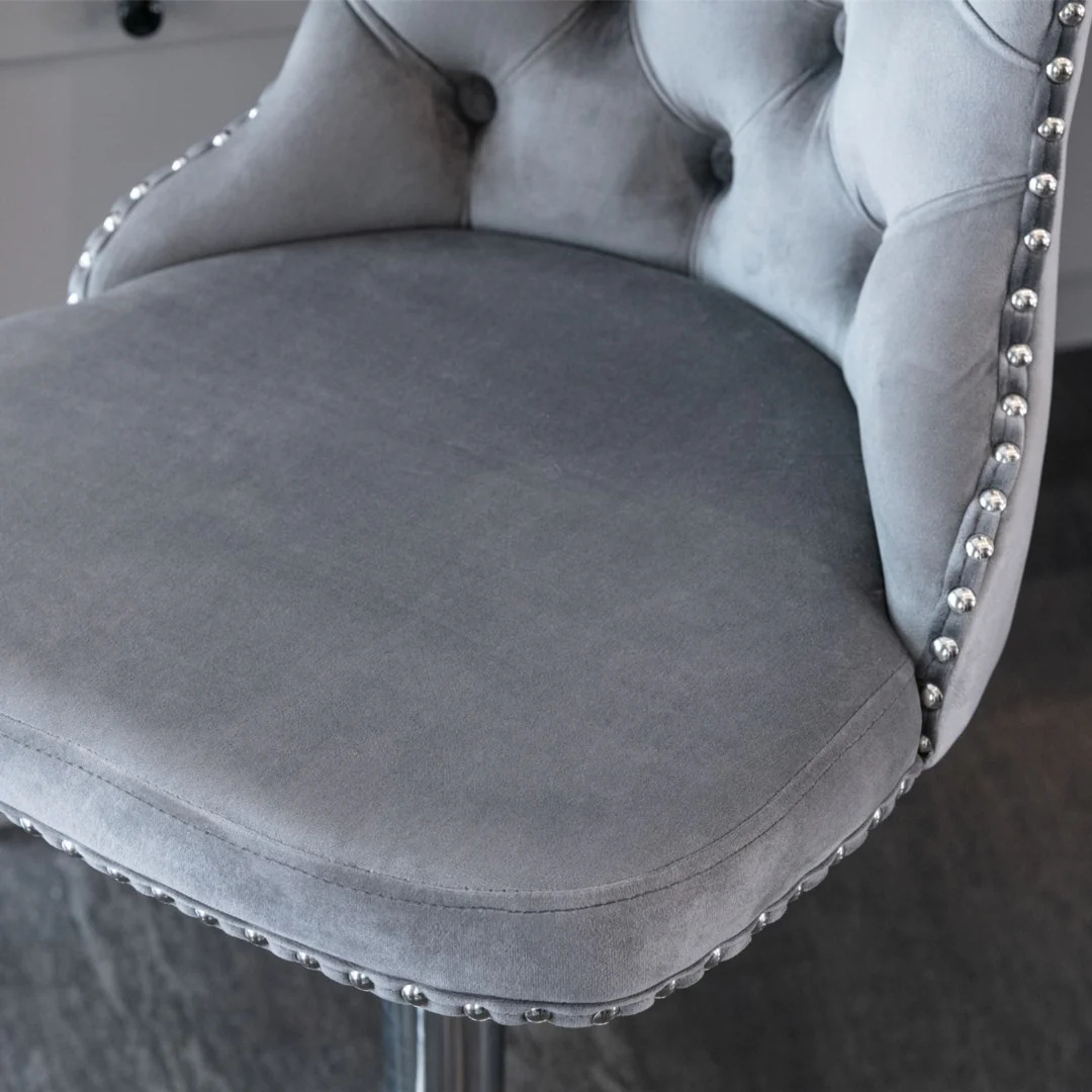 2x Height Adjustable Swivel Bar Stool Velvet Stud Barstool with Footrest and Chromed Base- Gray - Image 11