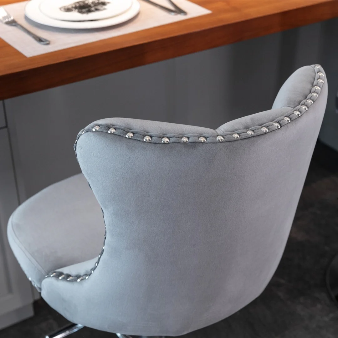 2x Height Adjustable Swivel Bar Stool Velvet Stud Barstool with Footrest and Chromed Base- Gray - Image 12