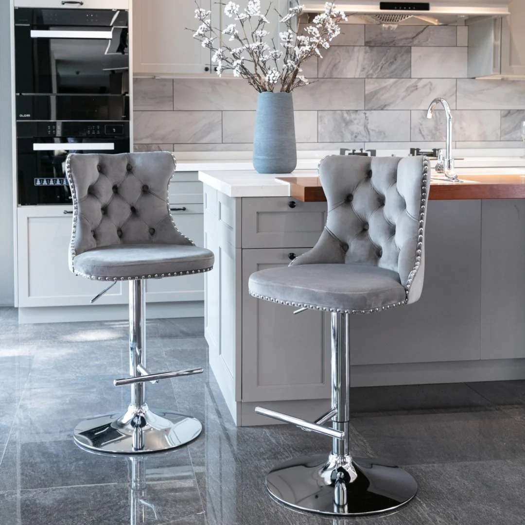 2x Height Adjustable Swivel Bar Stool Velvet Stud Barstool with Footrest and Chromed Base- Gray - Image 13