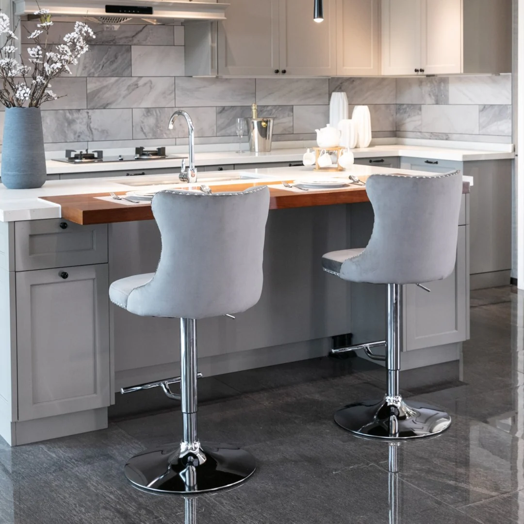 2x Height Adjustable Swivel Bar Stool Velvet Stud Barstool with Footrest and Chromed Base- Gray - Image 14
