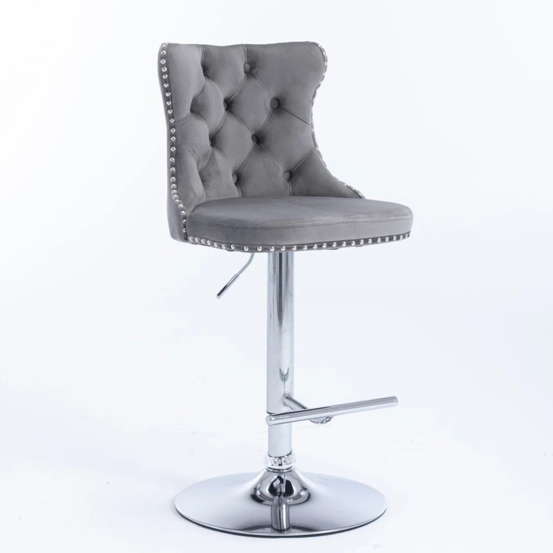 2x Height Adjustable Swivel Bar Stool Velvet Stud Barstool with Footrest and Chromed Base- Gray - Image 3