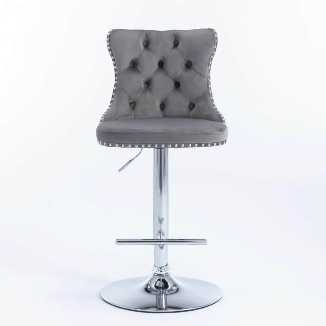 2x Height Adjustable Swivel Bar Stool Velvet Stud Barstool with Footrest and Chromed Base- Gray - Image 4
