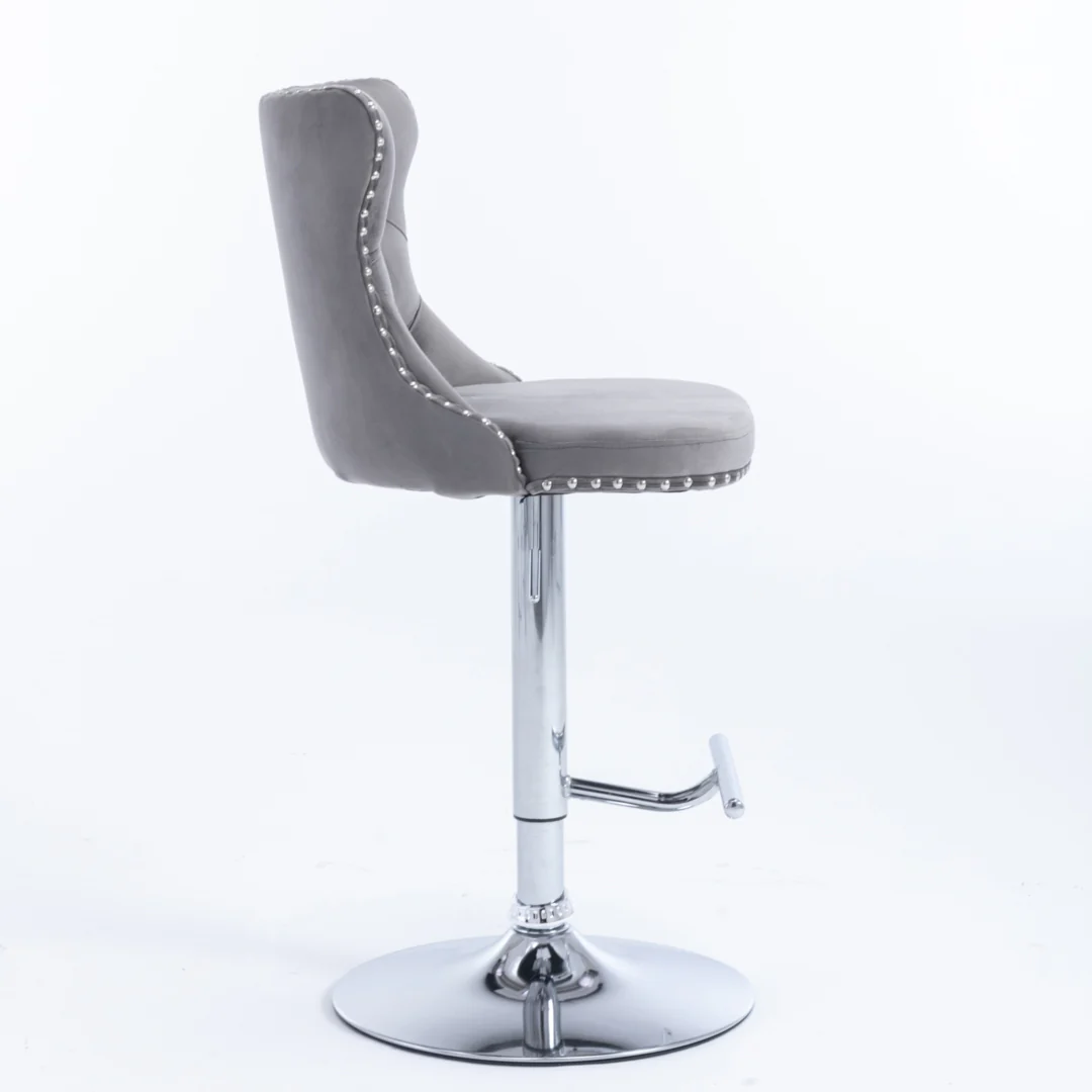 2x Height Adjustable Swivel Bar Stool Velvet Stud Barstool with Footrest and Chromed Base- Gray - Image 5