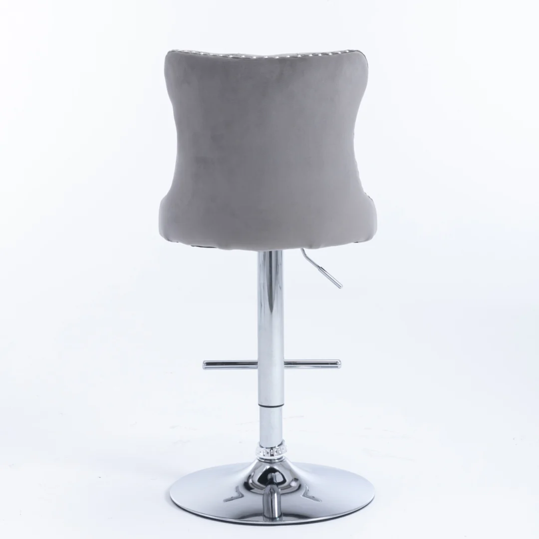 2x Height Adjustable Swivel Bar Stool Velvet Stud Barstool with Footrest and Chromed Base- Gray - Image 6