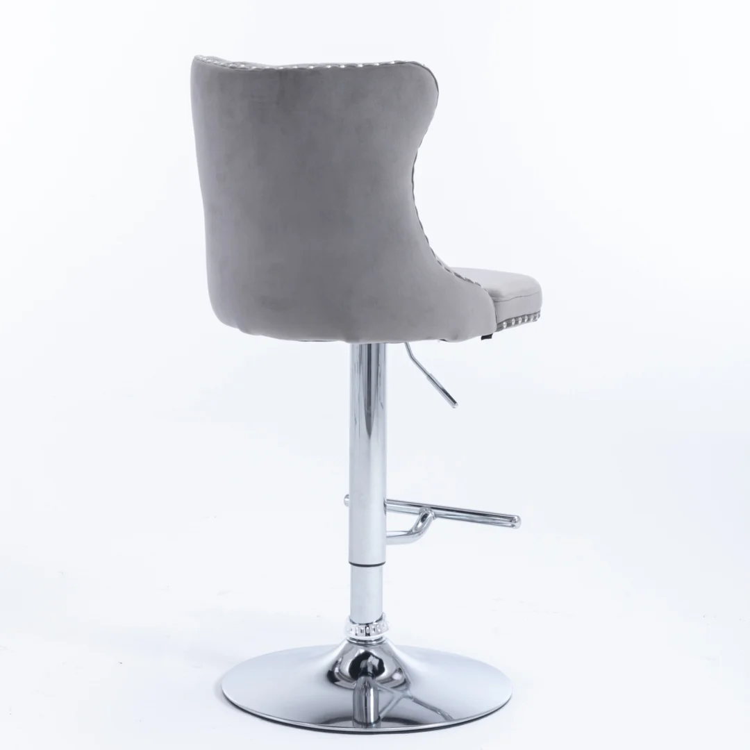 2x Height Adjustable Swivel Bar Stool Velvet Stud Barstool with Footrest and Chromed Base- Gray - Image 7