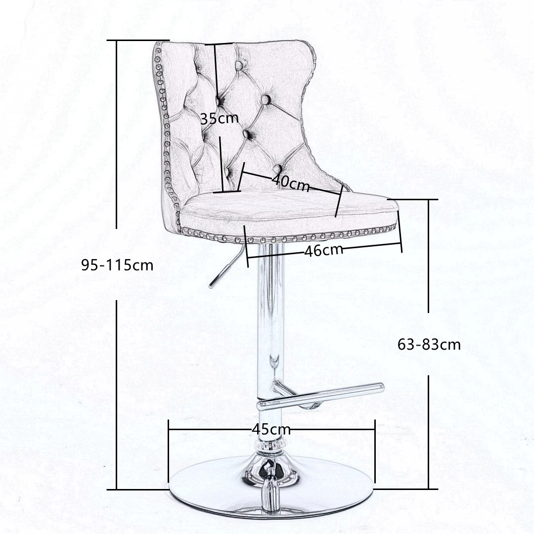 2x Height Adjustable Swivel Bar Stool Velvet Stud Barstool with Footrest and Chromed Base- Gray - Image 8
