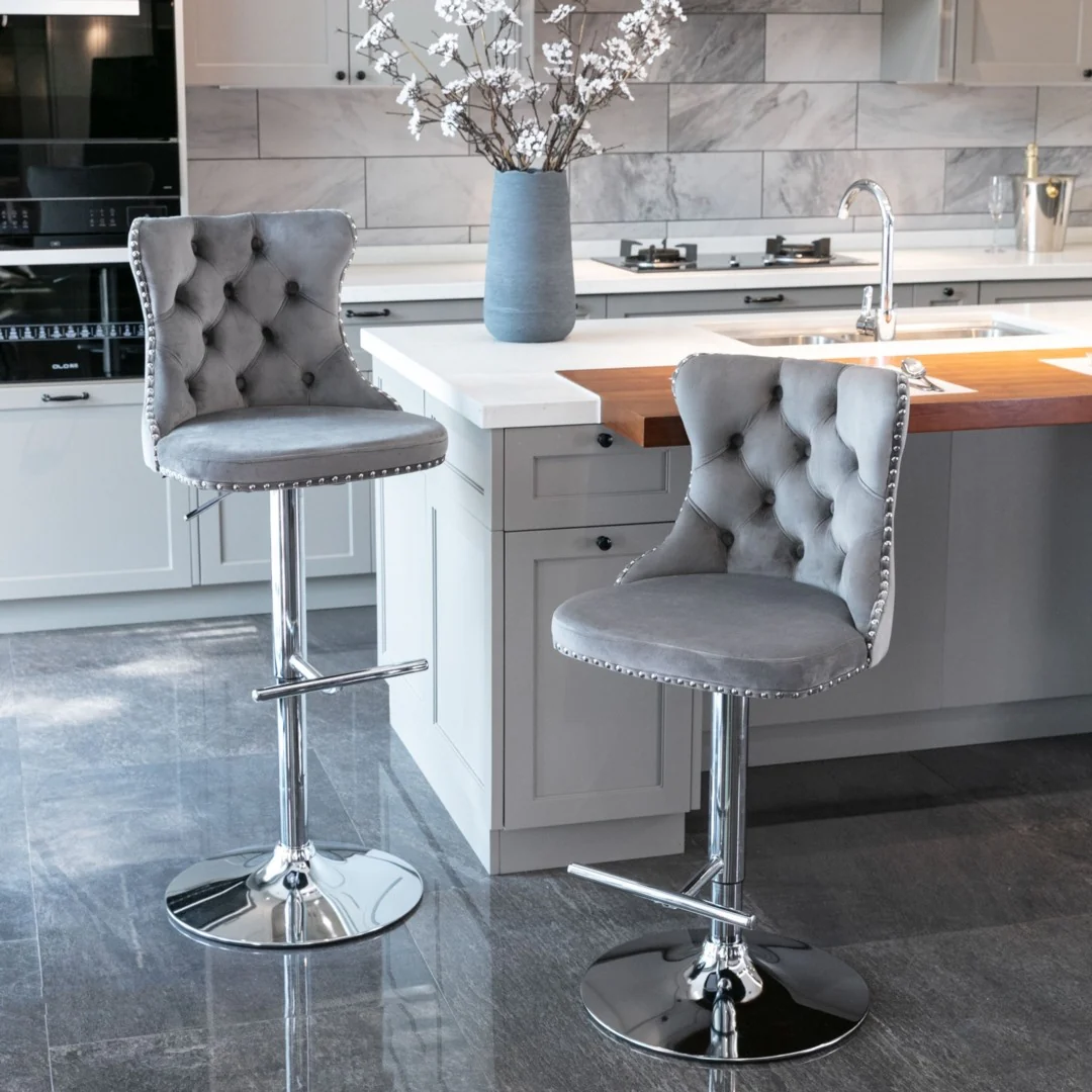 2x Height Adjustable Swivel Bar Stool Velvet Stud Barstool with Footrest and Chromed Base- Gray - Image 9