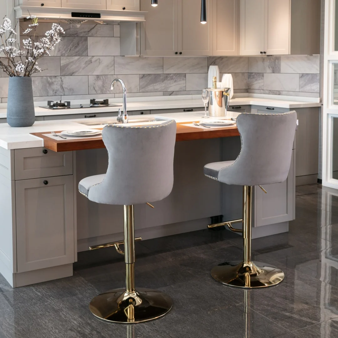 2x Height Adjustable Swivel Bar Stool Velvet Studs Barstool with Footrest and Golden Base- Grey - Image 10