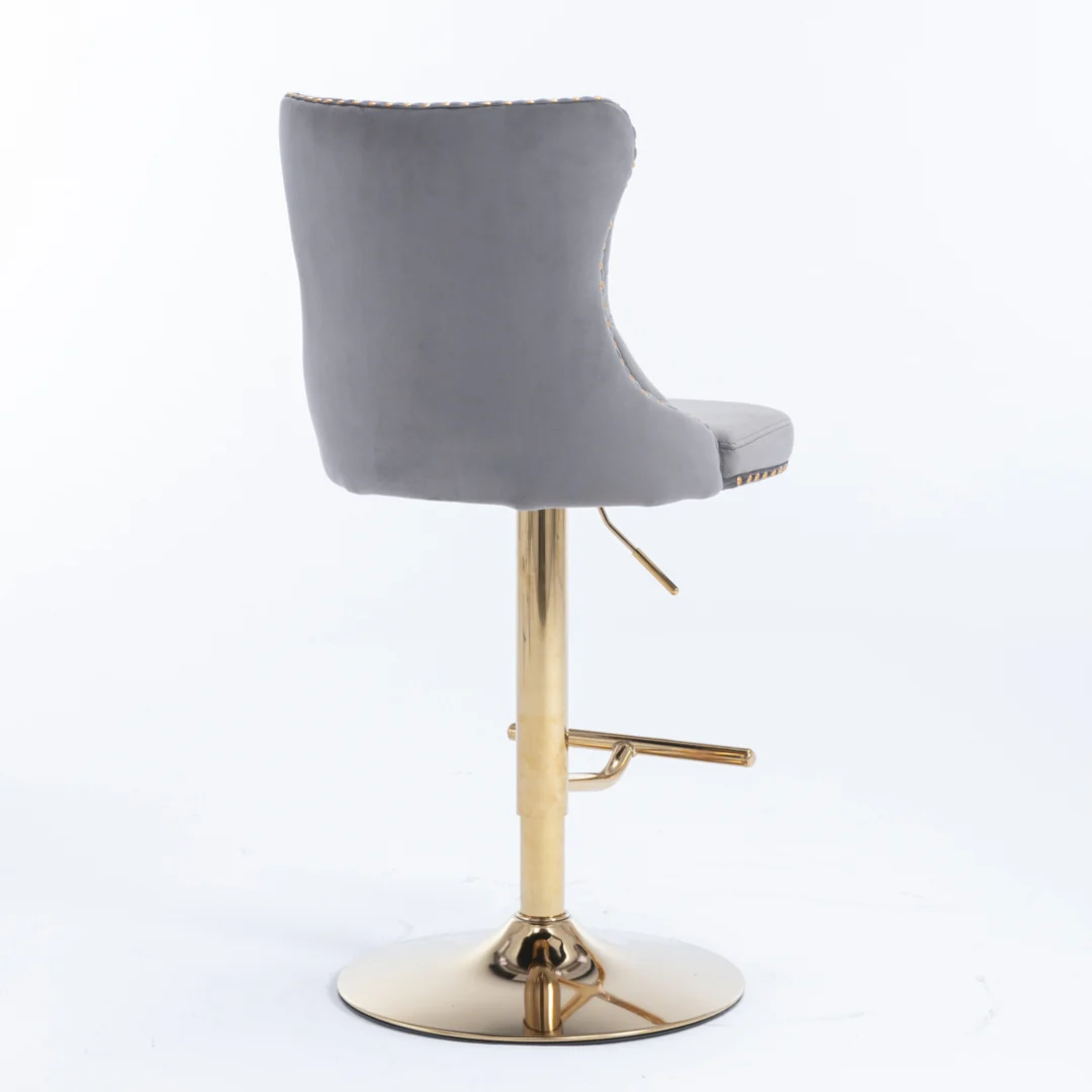 2x Height Adjustable Swivel Bar Stool Velvet Studs Barstool with Footrest and Golden Base- Grey - Image 11