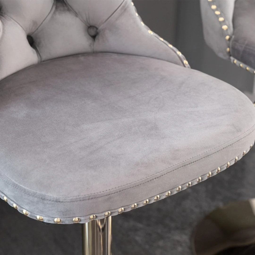 2x Height Adjustable Swivel Bar Stool Velvet Studs Barstool with Footrest and Golden Base- Grey - Image 12