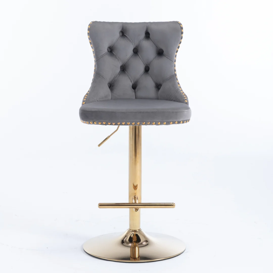 2x Height Adjustable Swivel Bar Stool Velvet Studs Barstool with Footrest and Golden Base- Grey - Image 3