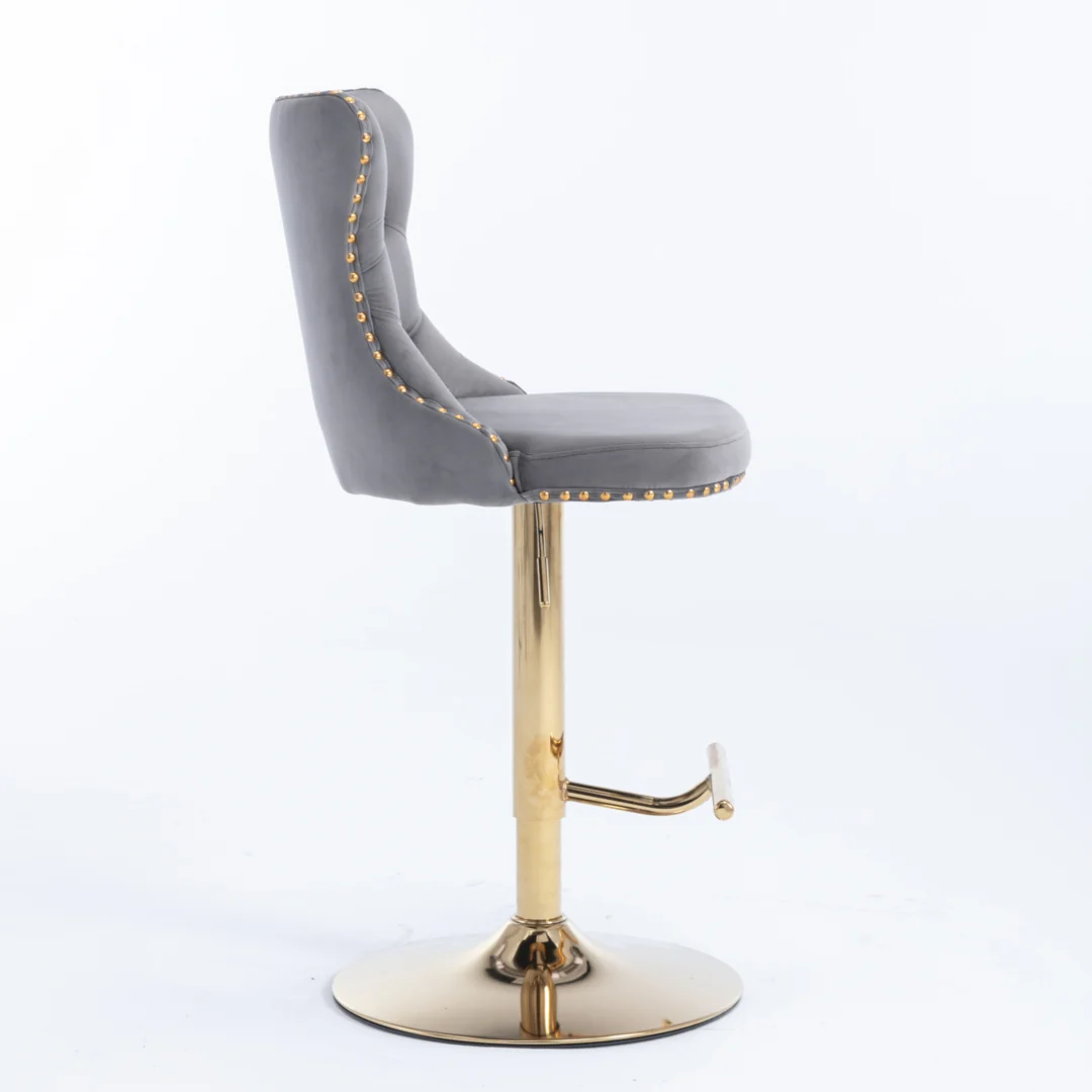 2x Height Adjustable Swivel Bar Stool Velvet Studs Barstool with Footrest and Golden Base- Grey - Image 4