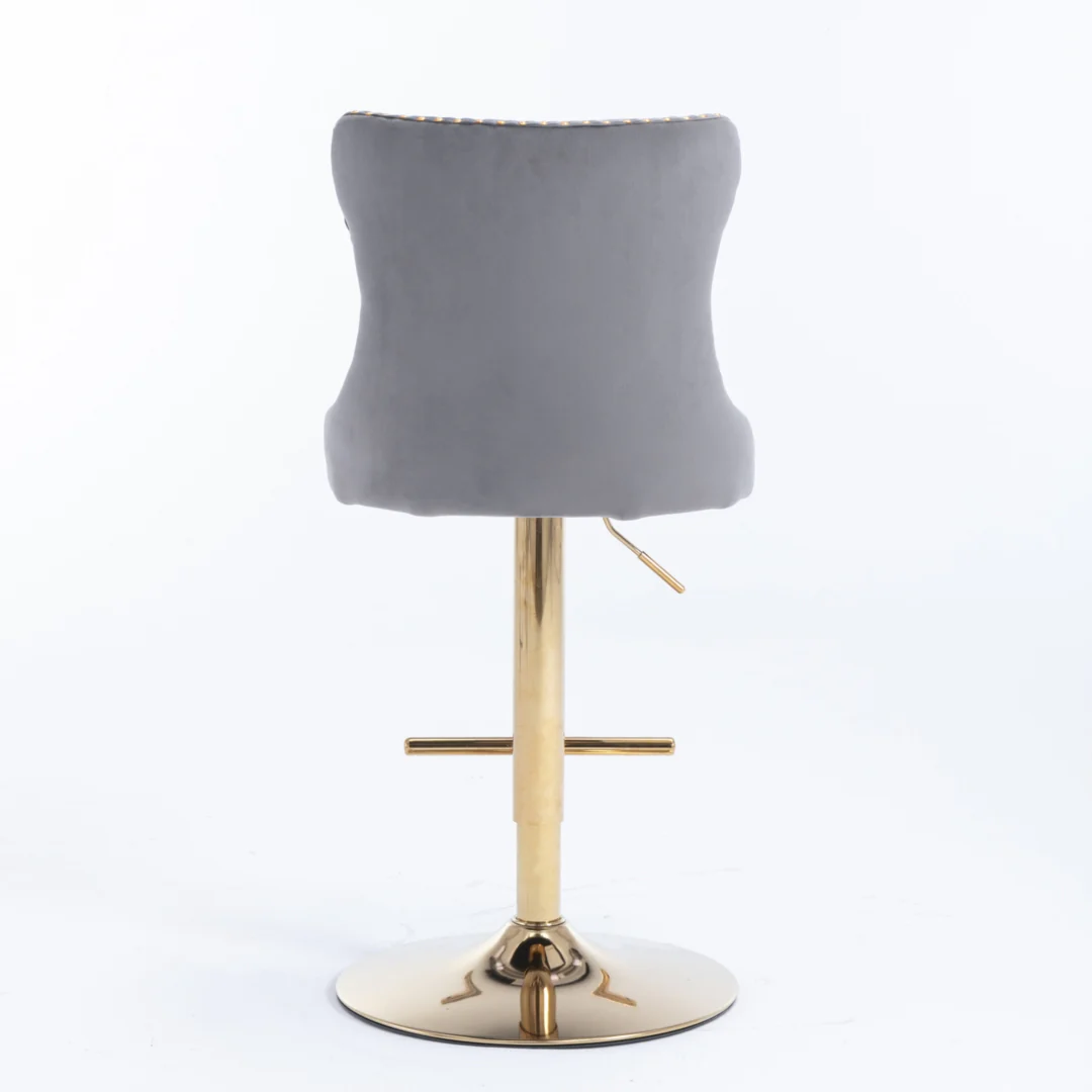 2x Height Adjustable Swivel Bar Stool Velvet Studs Barstool with Footrest and Golden Base- Grey - Image 5