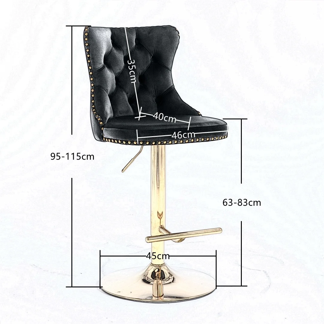 2x Height Adjustable Swivel Bar Stool Velvet Studs Barstool with Footrest and Golden Base- Grey - Image 6