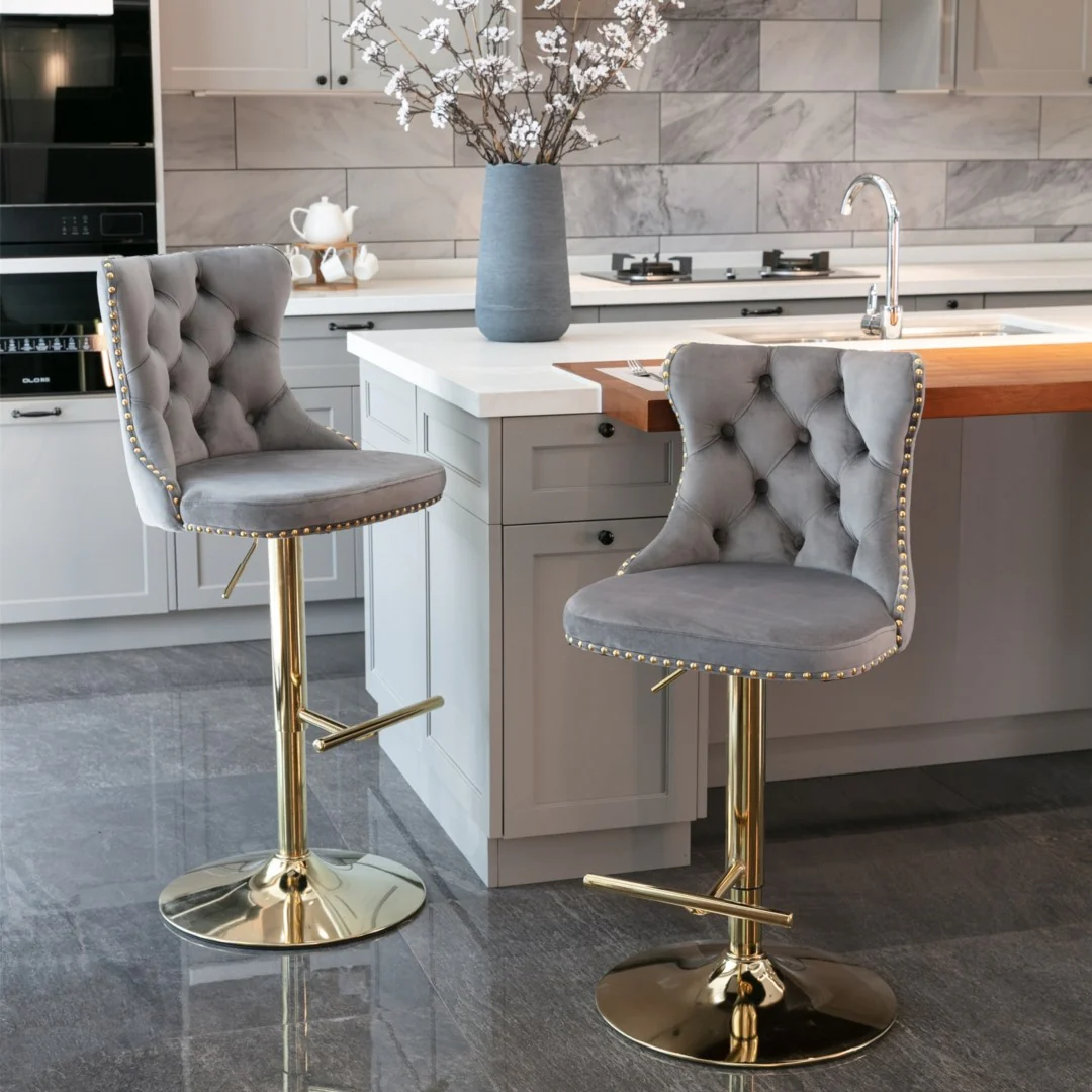 2x Height Adjustable Swivel Bar Stool Velvet Studs Barstool with Footrest and Golden Base- Grey - Image 7