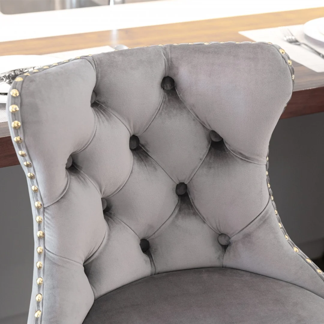 2x Height Adjustable Swivel Bar Stool Velvet Studs Barstool with Footrest and Golden Base- Grey - Image 8
