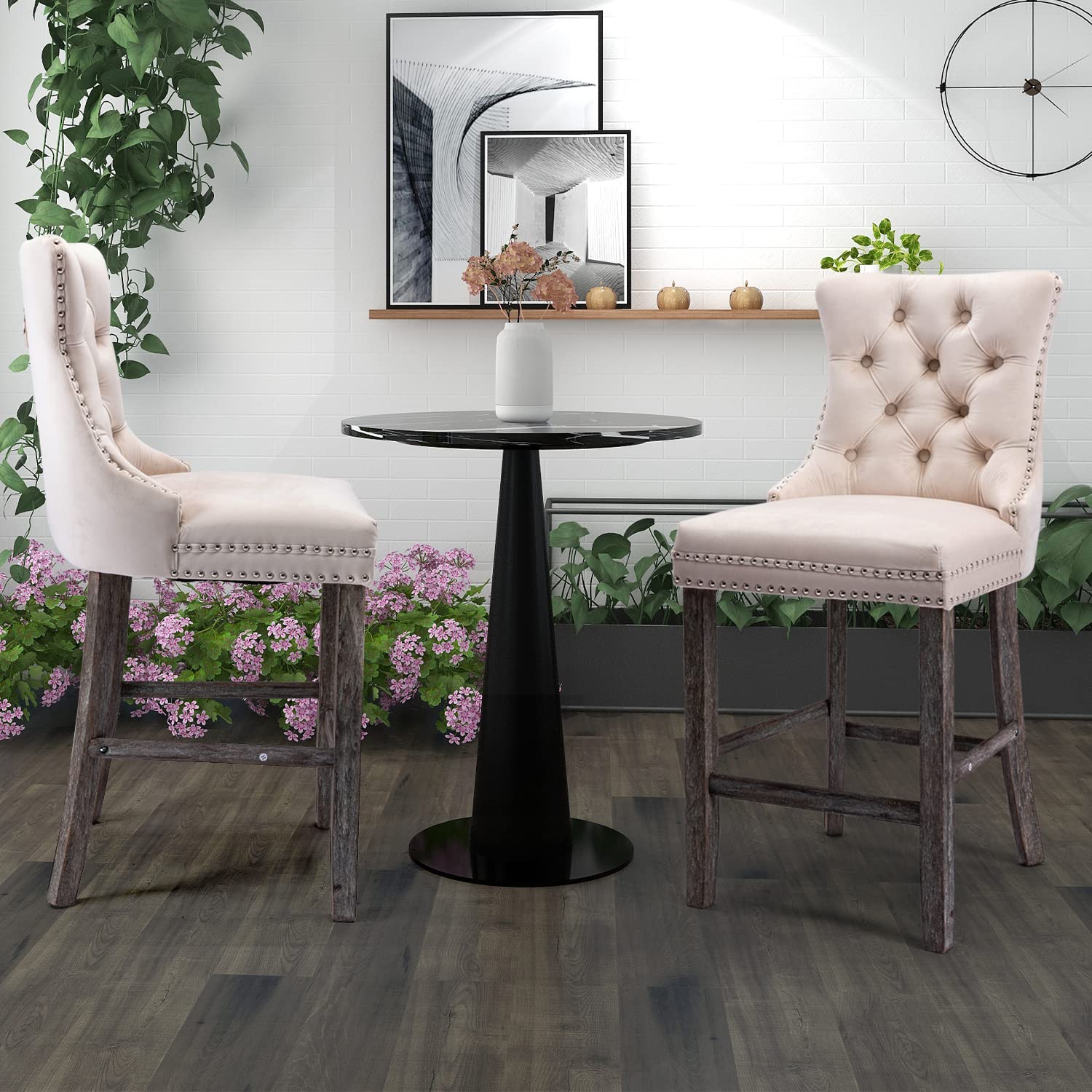 2X Velvet Bar Stools with Studs Trim Wooden Legs Tufted Dining Chairs Kitchen - Image 13