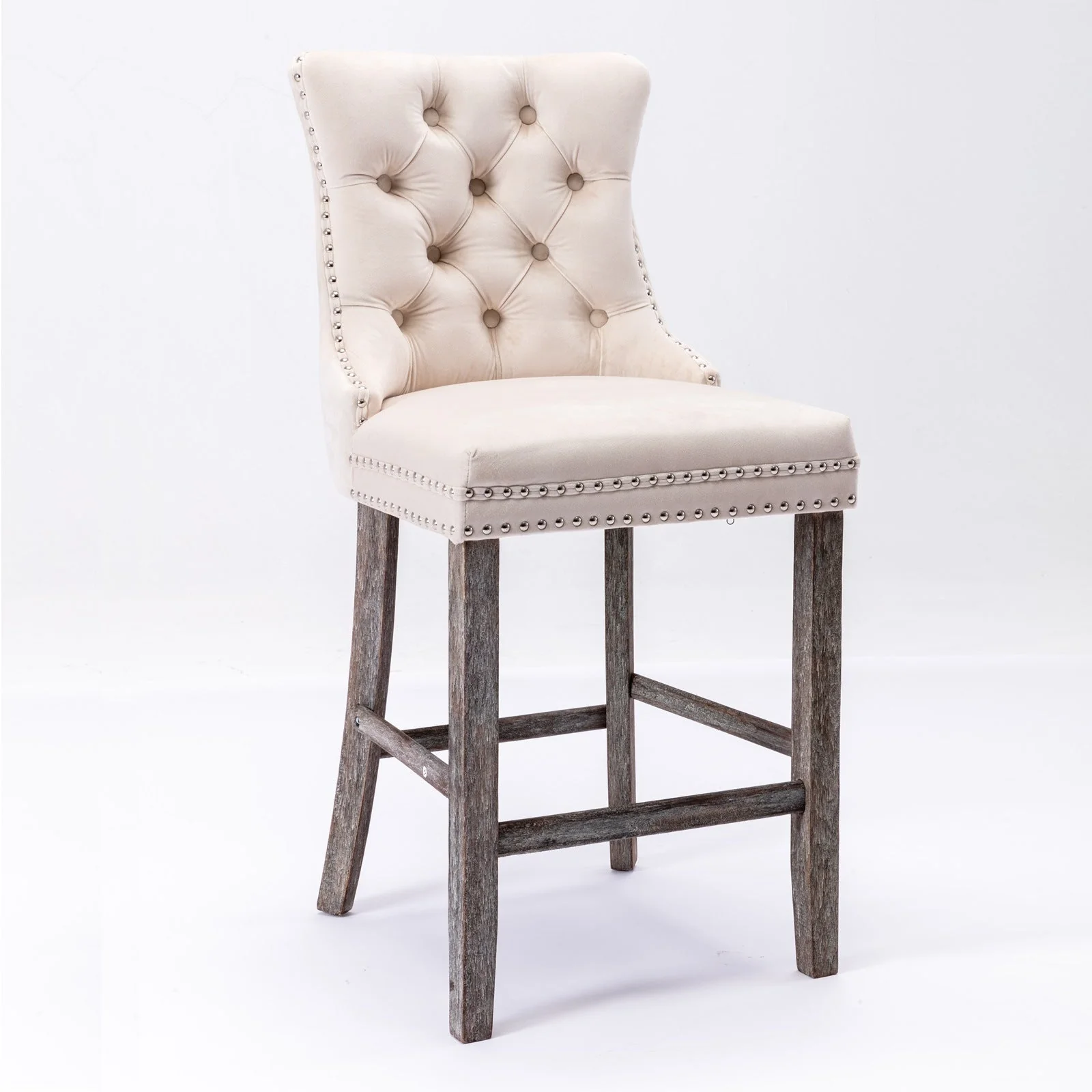 2X Velvet Bar Stools with Studs Trim Wooden Legs Tufted Dining Chairs Kitchen - Image 4
