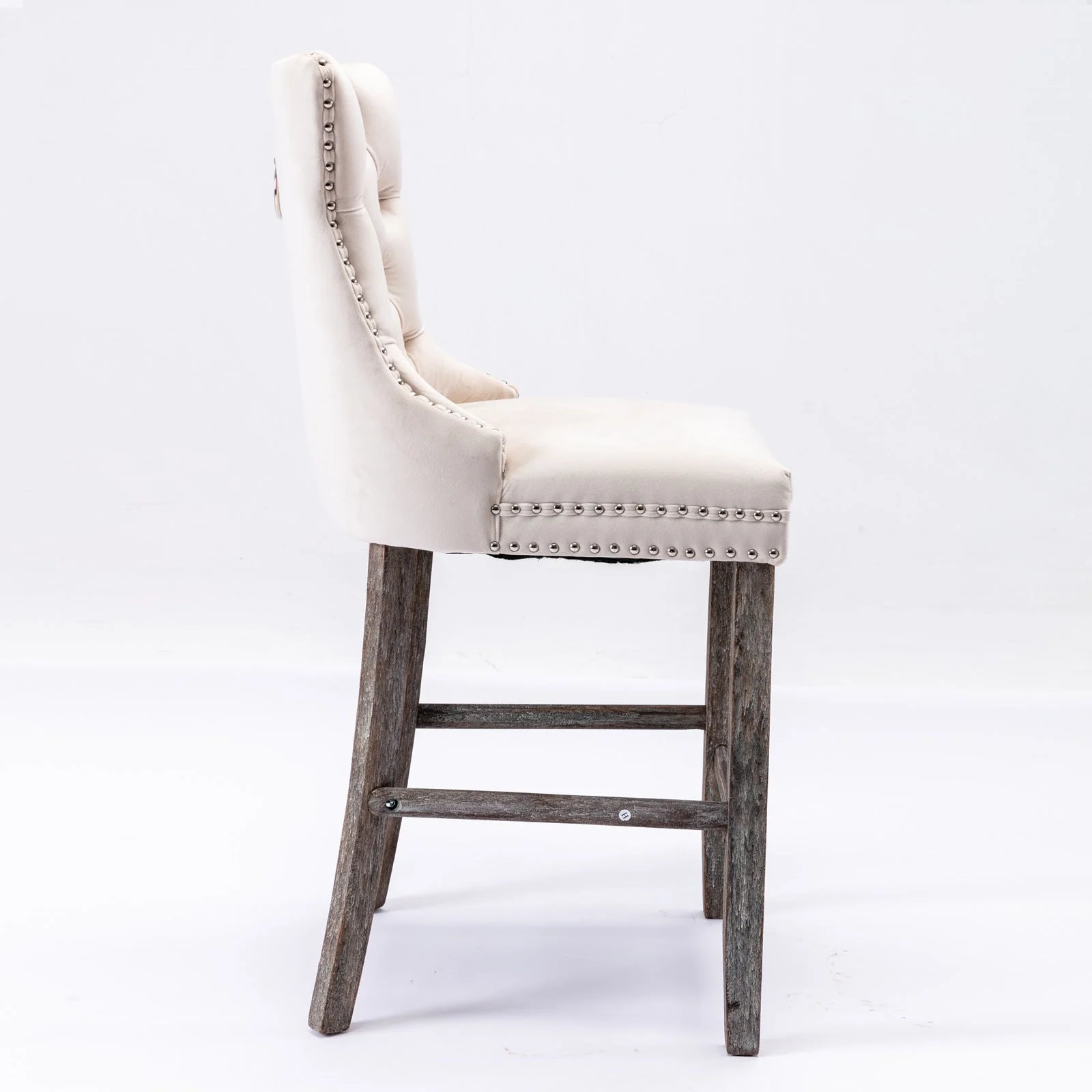 2X Velvet Bar Stools with Studs Trim Wooden Legs Tufted Dining Chairs Kitchen - Image 5