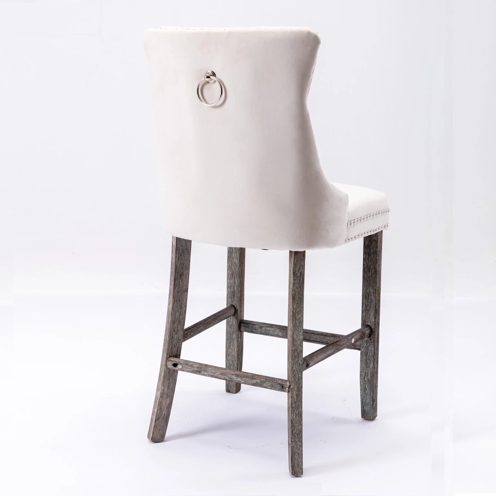2X Velvet Bar Stools with Studs Trim Wooden Legs Tufted Dining Chairs Kitchen - Image 6