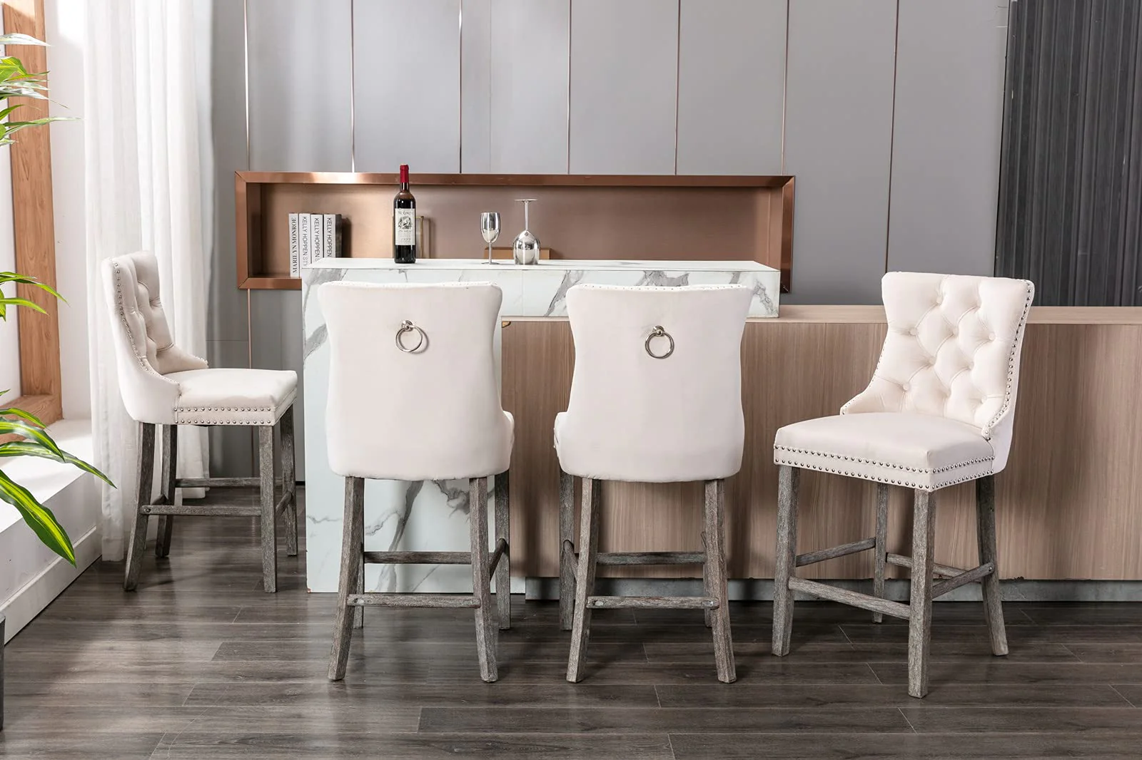 2X Velvet Bar Stools with Studs Trim Wooden Legs Tufted Dining Chairs Kitchen - Image 8