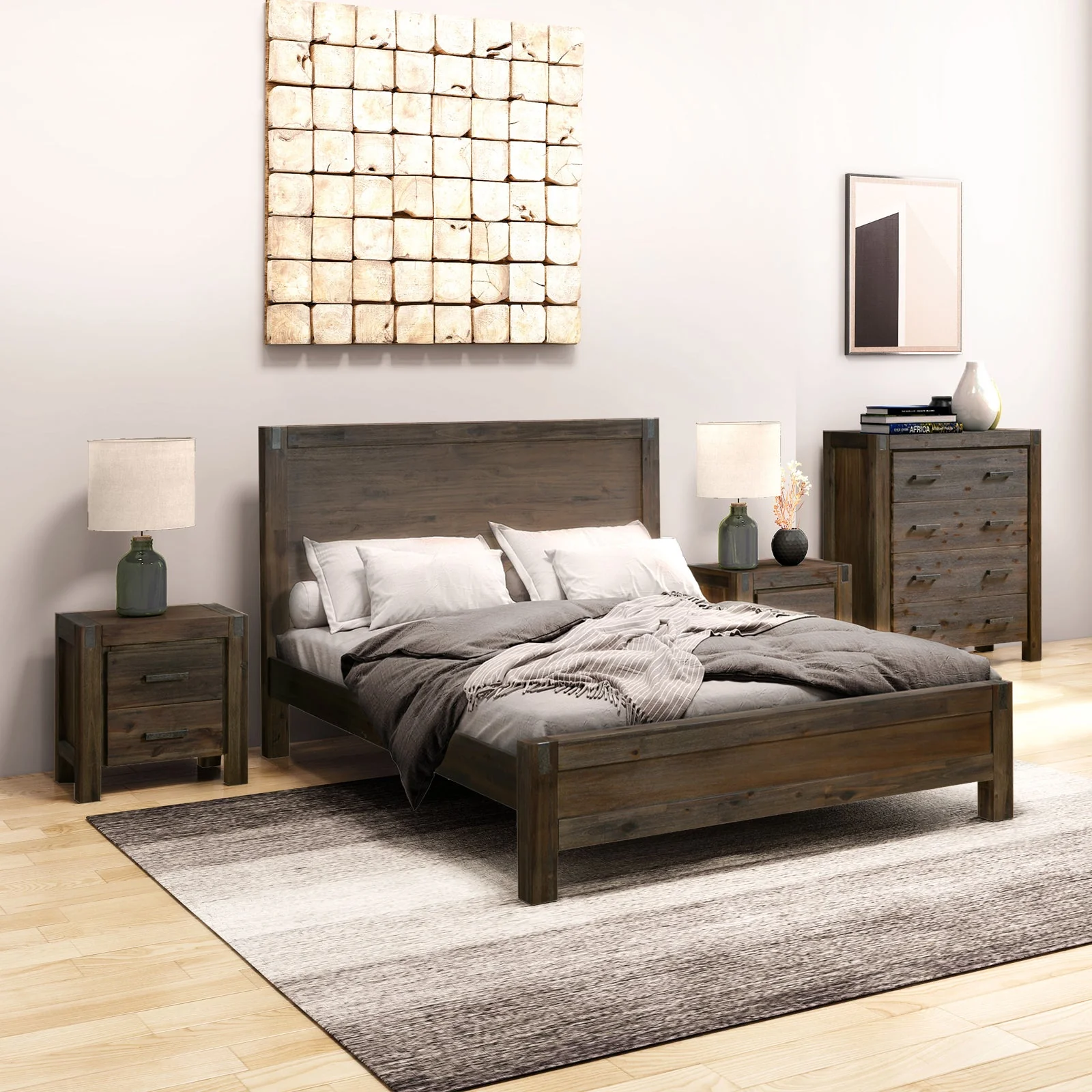 4 Pieces Bedroom Suite in Solid Wood Veneered Acacia Construction Timber Slat Double Size Chocolate Colour Bed, Bedside Table & Tallboy