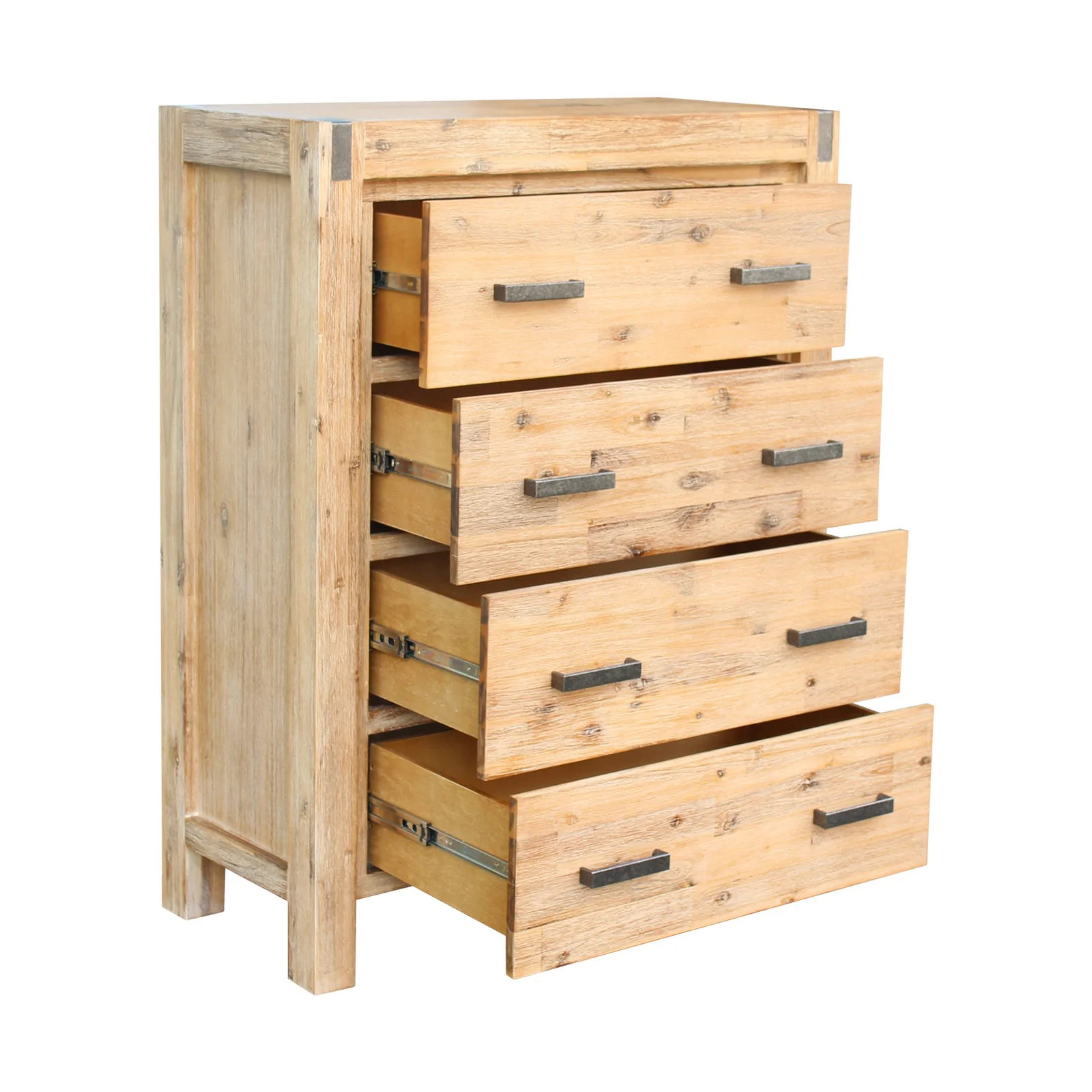 4 Pieces Bedroom Suite in Solid Wood Veneered Acacia Construction Timber Slat Double Size Oak Colour Bed, Bedside Table & Tallboy - Image 4