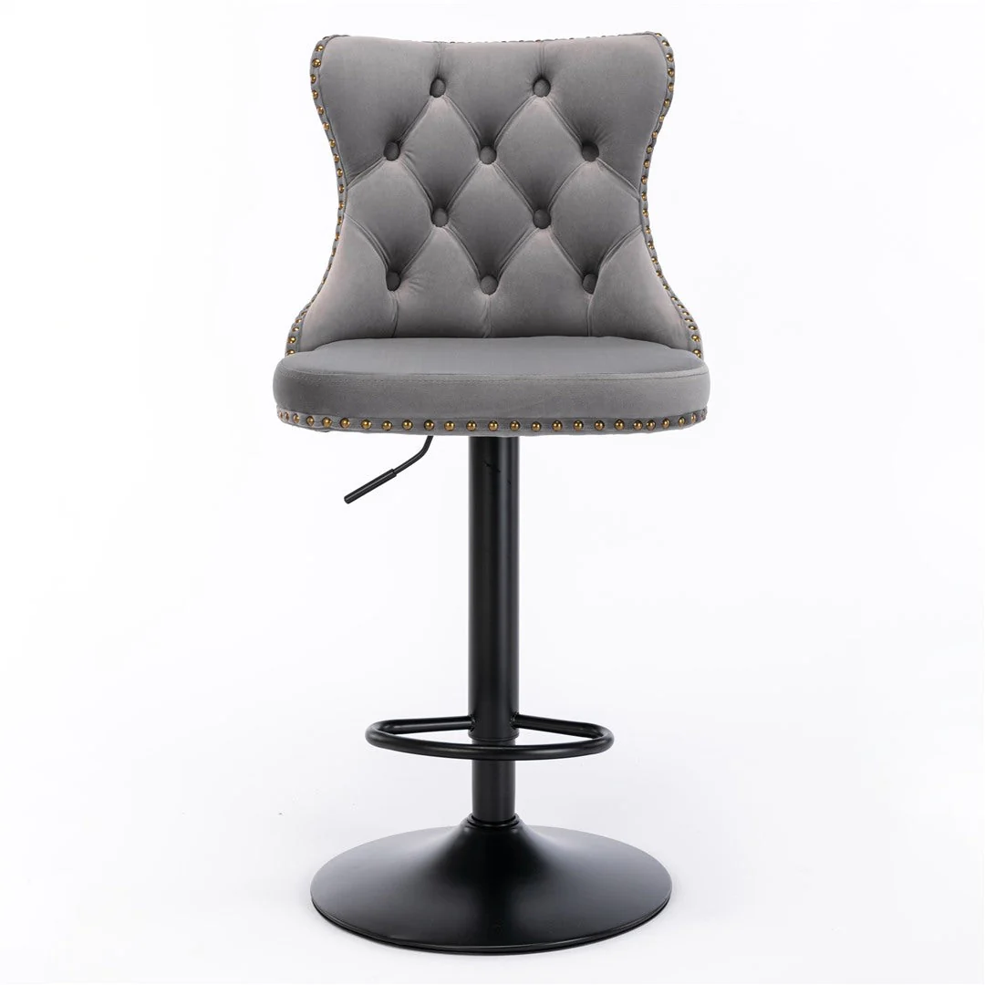 4x Height Adjustable Swivel Bar Stool Velvet Nailhead Barstool with Footrest - Image 3