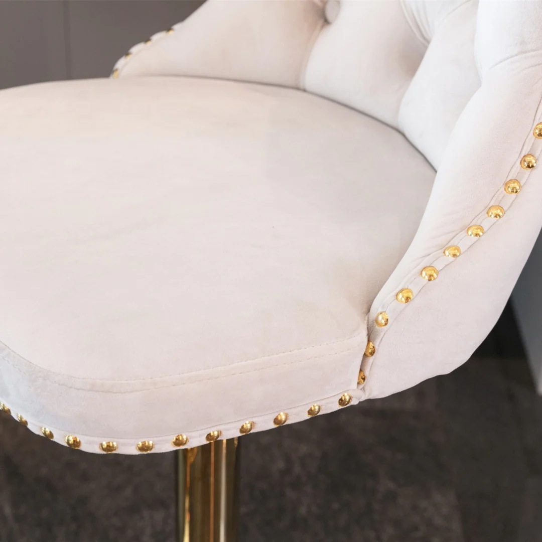 4x Height Adjustable Swivel Bar Stool Velvet Studs Barstool with Footrest and Golden Base- Beige - Image 10