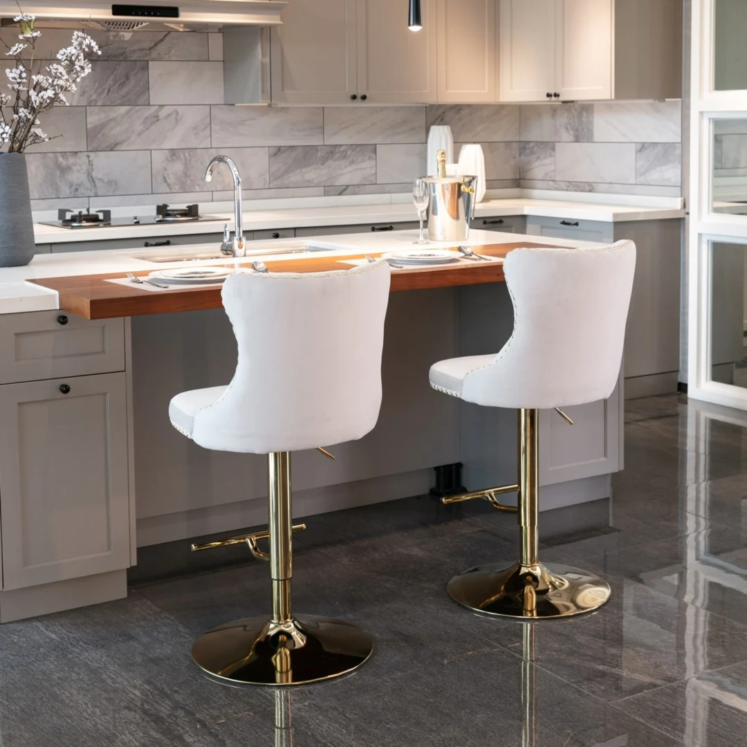 4x Height Adjustable Swivel Bar Stool Velvet Studs Barstool with Footrest and Golden Base- Beige - Image 11