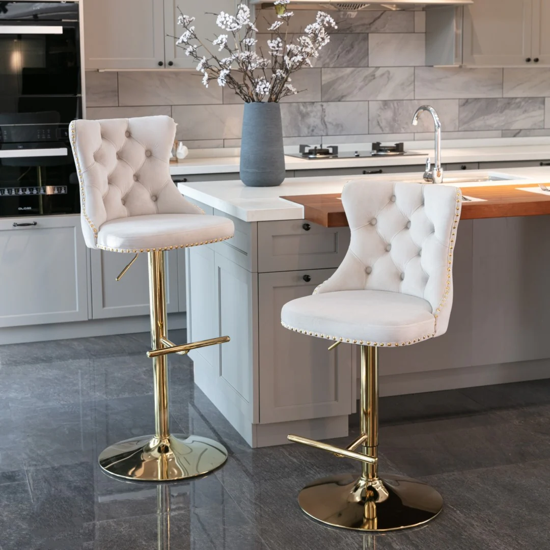 4x Height Adjustable Swivel Bar Stool Velvet Studs Barstool with Footrest and Golden Base- Beige - Image 9