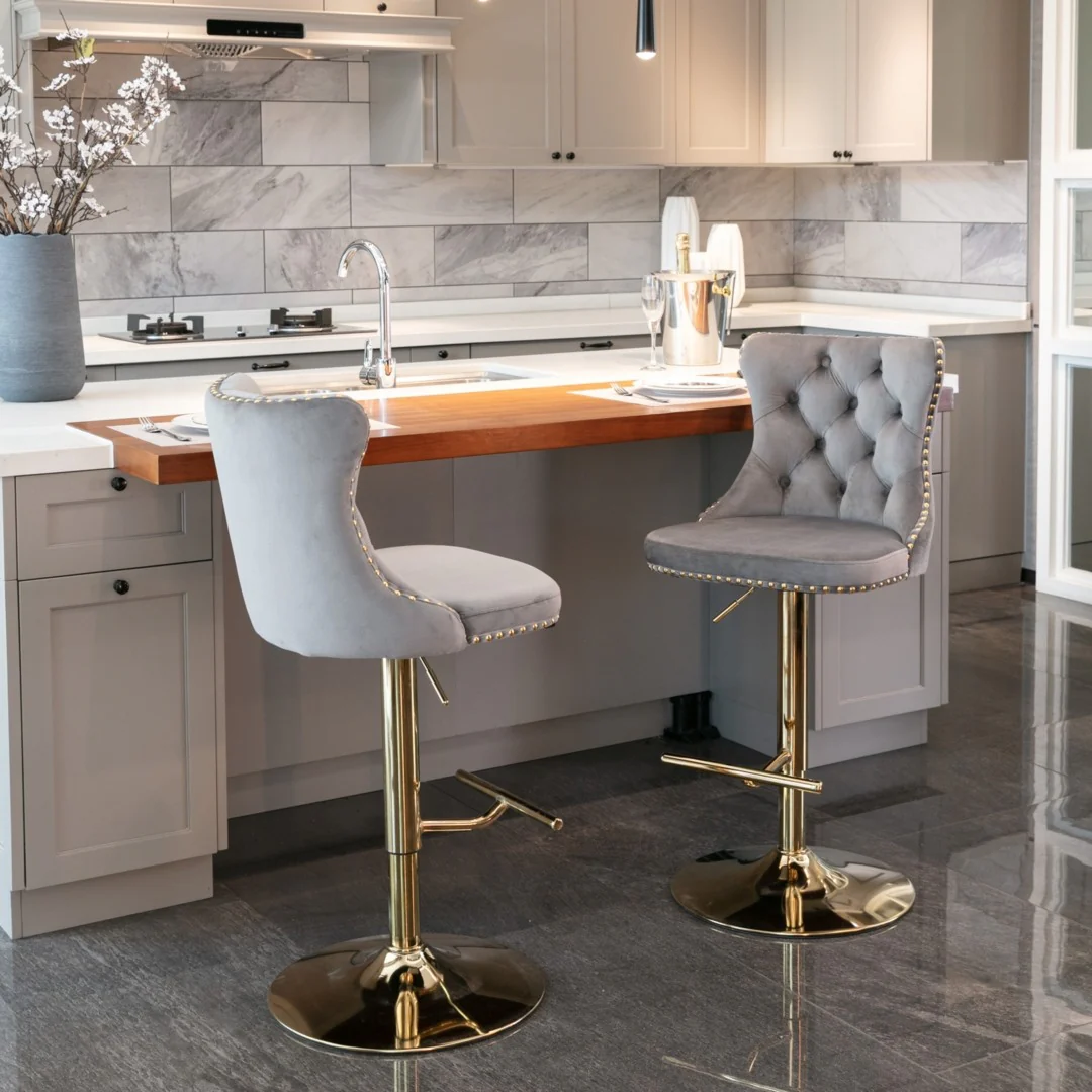 4x Height Adjustable Swivel Bar Stool Velvet Studs Barstool with Footrest and Golden Base- Grey - Image 14