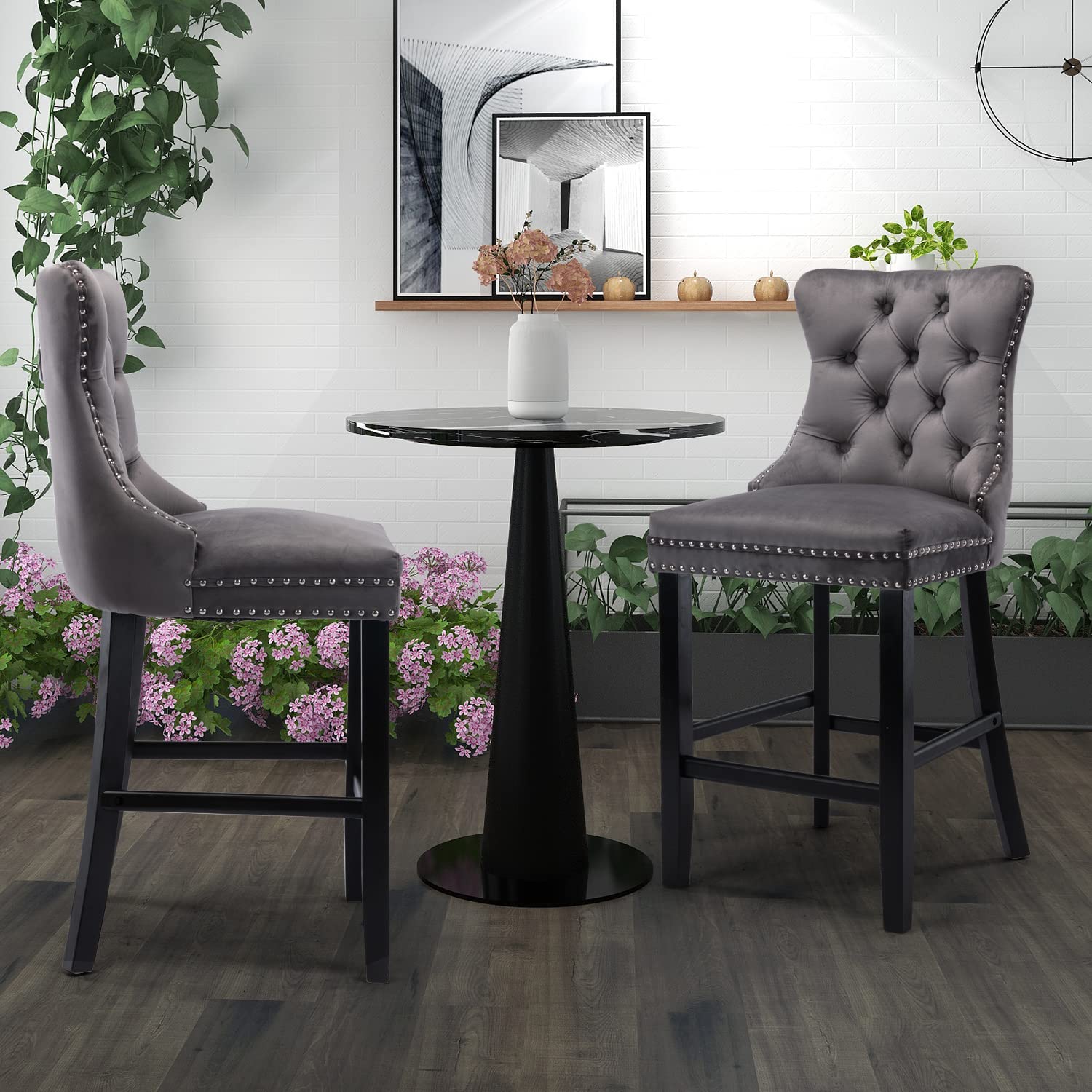 4X Velvet Bar Stools with Studs Trim Wooden Legs Tufted Dining Chairs Kitchen - Image 13
