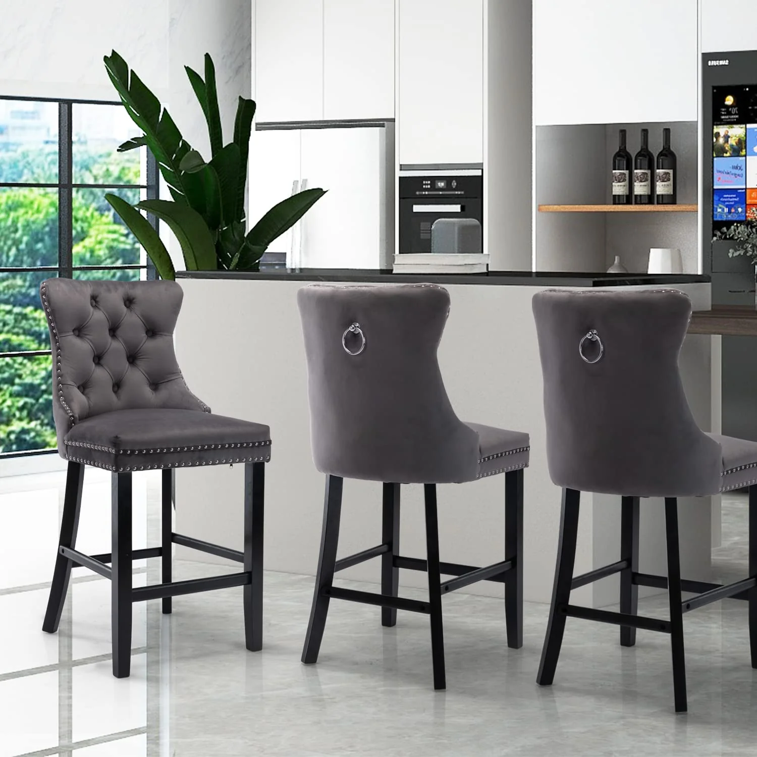 4X Velvet Bar Stools with Studs Trim Wooden Legs Tufted Dining Chairs Kitchen - Image 15