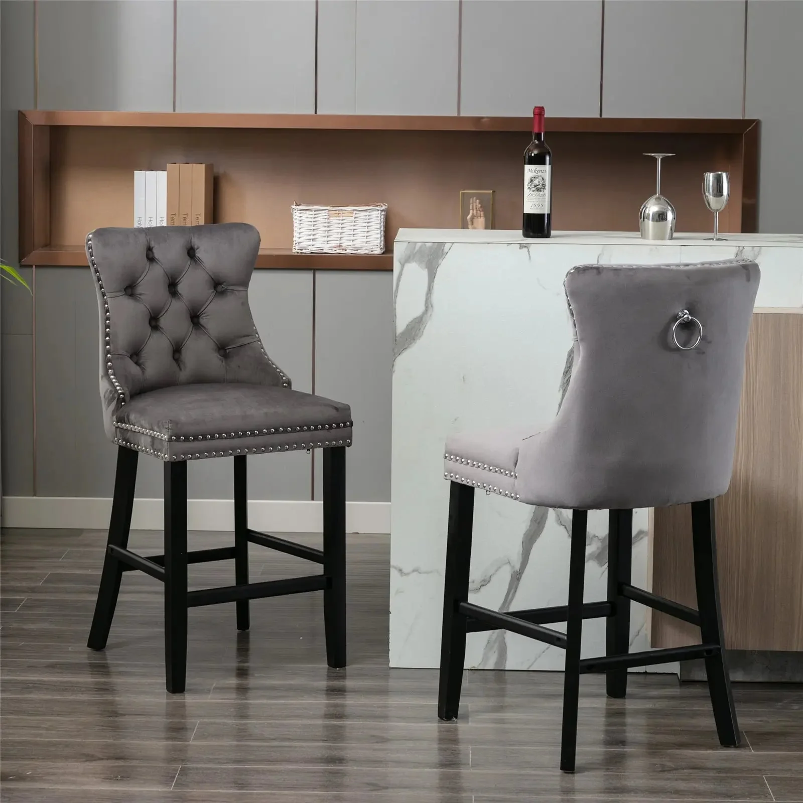 4X Velvet Bar Stools with Studs Trim Wooden Legs Tufted Dining Chairs Kitchen - Image 2