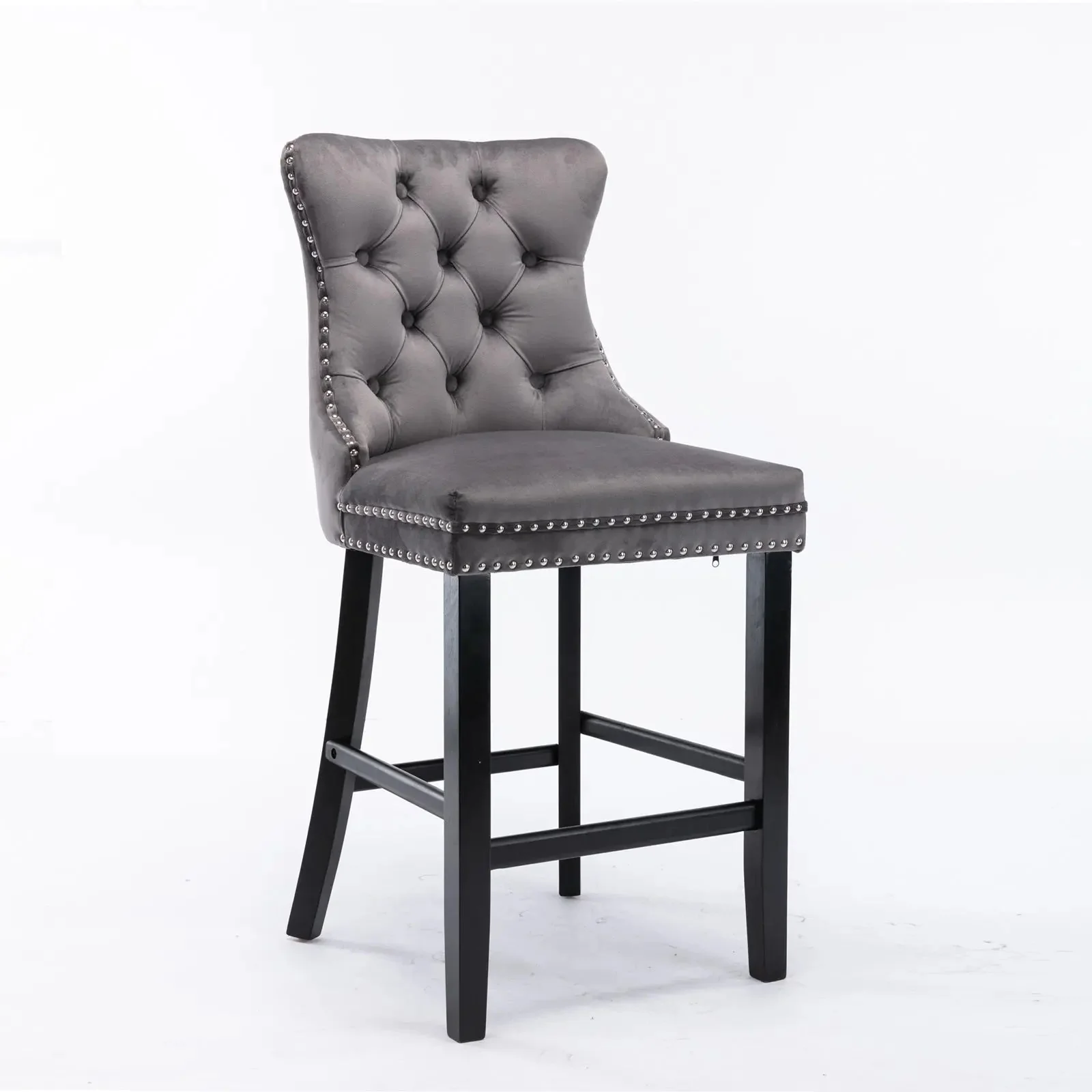 4X Velvet Bar Stools with Studs Trim Wooden Legs Tufted Dining Chairs Kitchen - Image 3