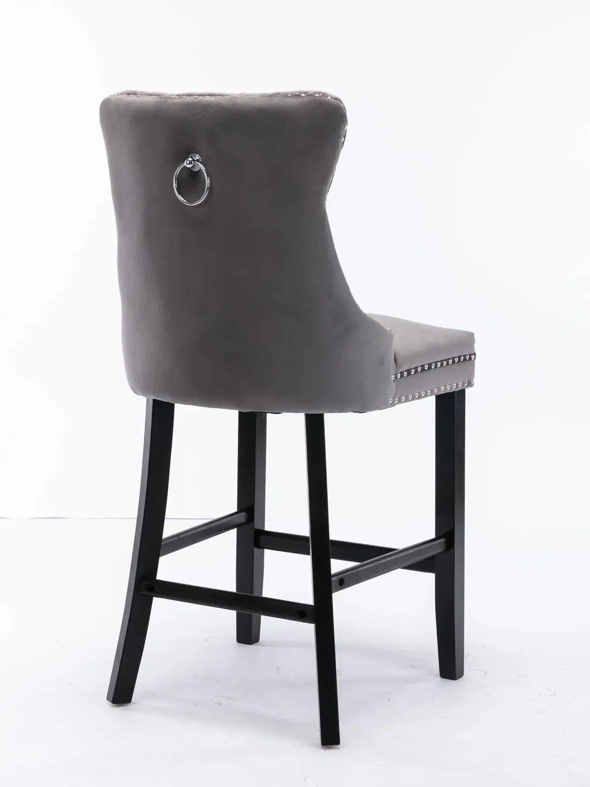 4X Velvet Bar Stools with Studs Trim Wooden Legs Tufted Dining Chairs Kitchen - Image 6