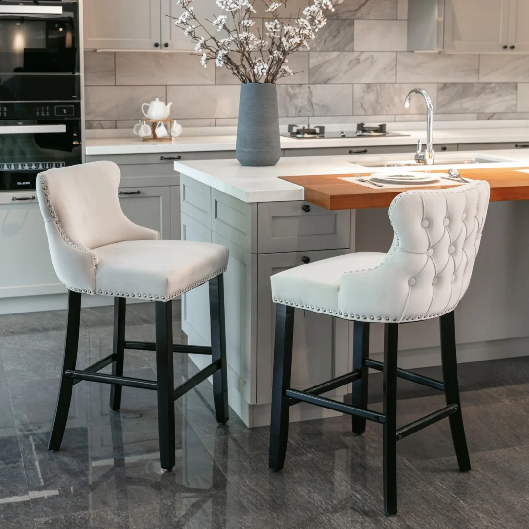 4x Velvet Upholstered Button Tufted Bar Stools with Wood Legs and Studs-Beige - Image 10