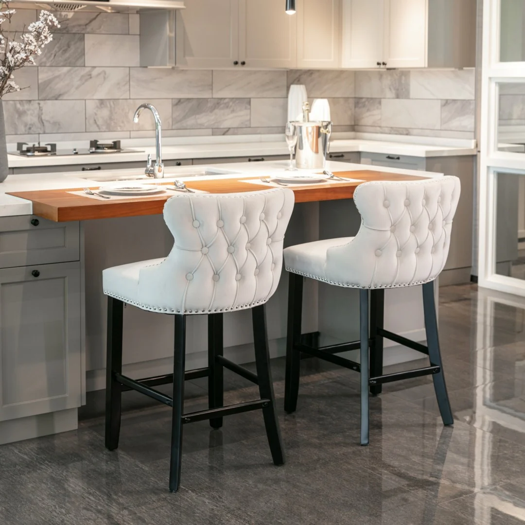 4x Velvet Upholstered Button Tufted Bar Stools with Wood Legs and Studs-Beige - Image 11