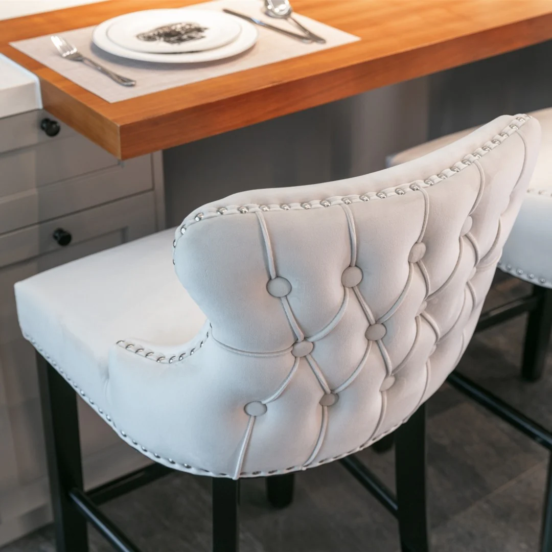 4x Velvet Upholstered Button Tufted Bar Stools with Wood Legs and Studs-Beige - Image 12