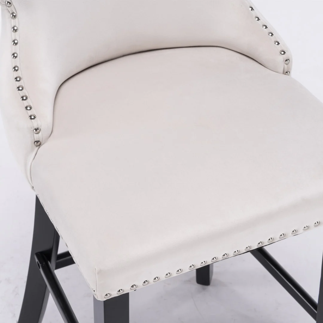 4x Velvet Upholstered Button Tufted Bar Stools with Wood Legs and Studs-Beige - Image 13